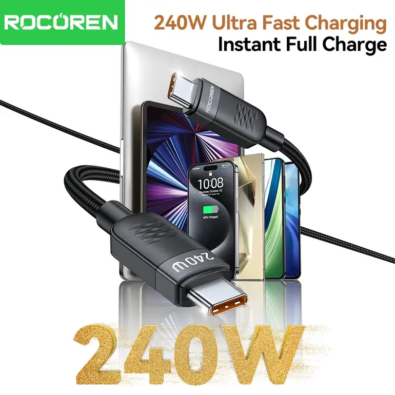 Rocoren 240W USB C Type C Fast Charging Data Cable PD3.1 Quick charging Type C Cord For MacBook iPhone 16 15 Samsung Galaxy S24