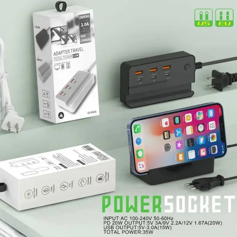 USB Type C Phone Charger Socket 35W 6 Ports Fast Charging Desktop Power Strip With Phone Holder For iPhone Samsung Xiaomi Huawei