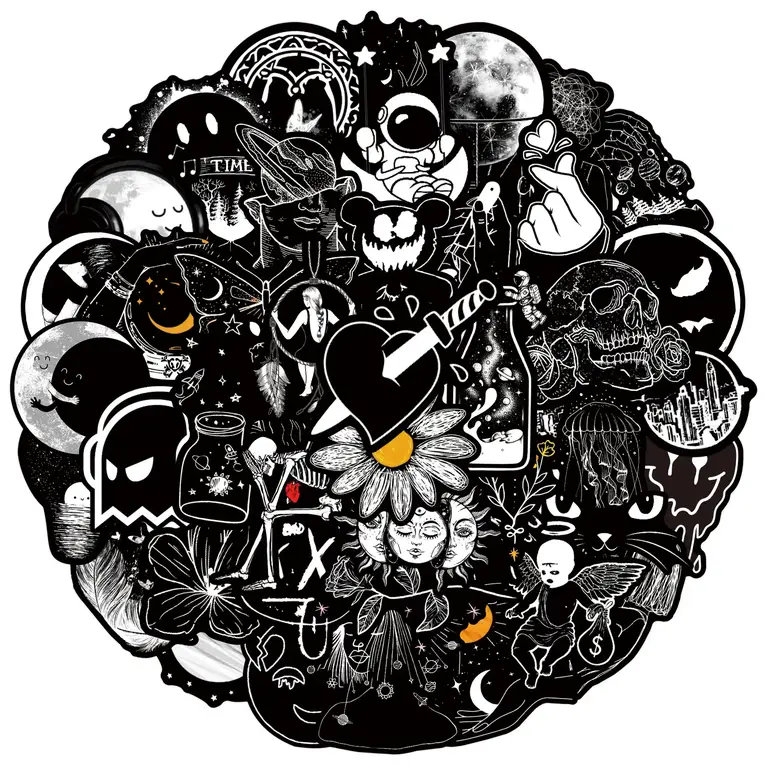 50Pcs Black And White Art Styling Stickers Laptop Luggage Phone Case Guitar Fridge Car Motorcycle Cool Ins Decals
