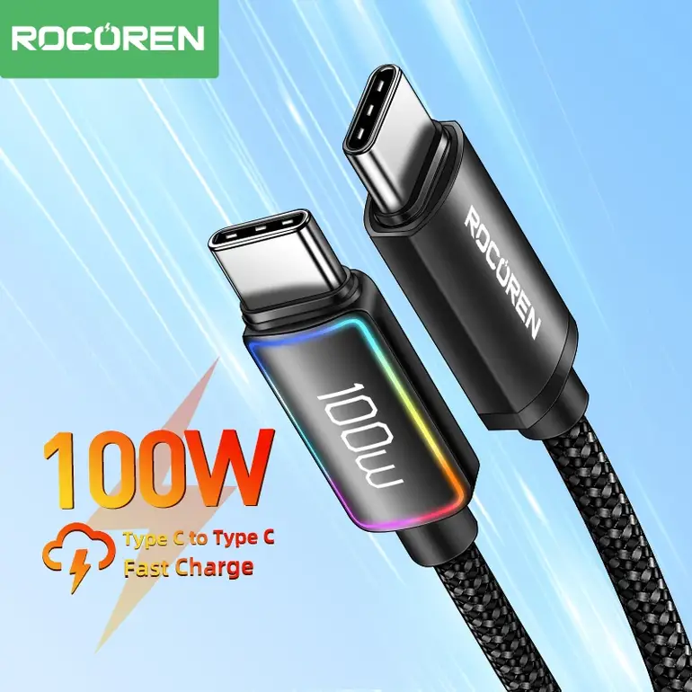 كابل شاحن Rocoren 100 وات USB C إلى النوع C شحن سريع 5A سلك Type-C PD 3.1 شحن سريع لهاتف سامسونج ماك بوك آي باد آيفون