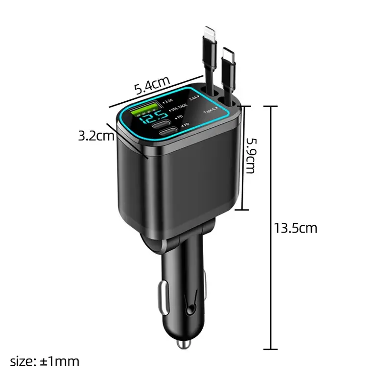 Fast Charging Car Charger 66W USB Type C PD Multiport with Retractable Cable LED Voltage Universal Cigarette Lighter Starlight