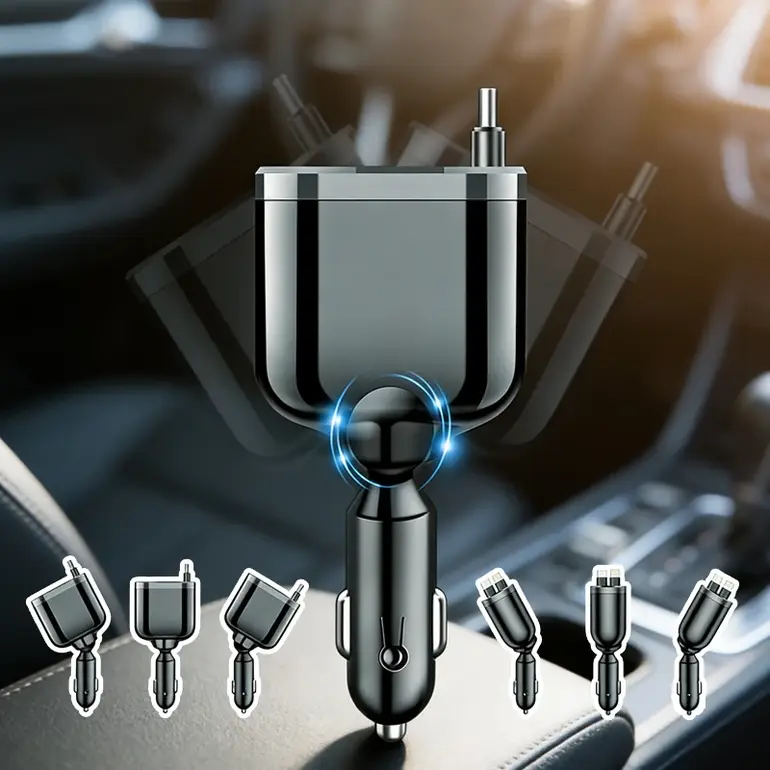 Fast Charging Car Charger 66W USB Type C PD Multiport with Retractable Cable LED Voltage Universal Cigarette Lighter Starlight