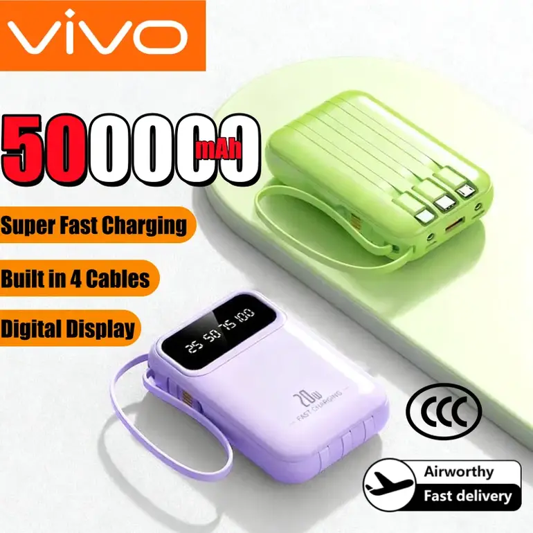 VIVO 500000mAh Capacity Power Bank Large Capacity Super Fast Charging External Battery Built in 4 Wires for iPhone Huawei New