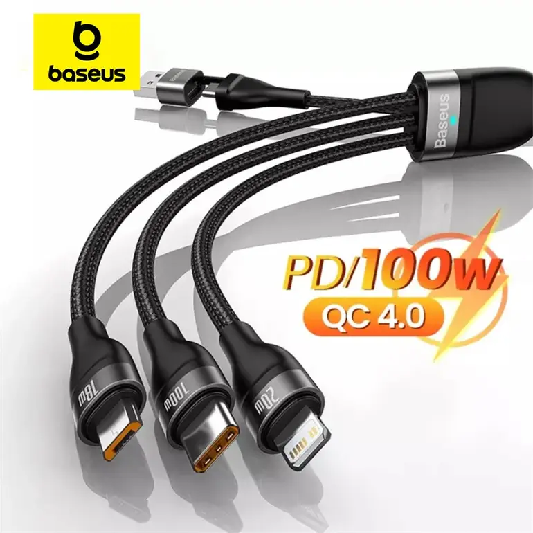 Baseus 3 في 1 USB نوع C كابل آيفون 15 14 13 12 برو كابل الشاحن 100 واط مايكرو USB نوع C كابل لماك بوك سامسونج شاومي