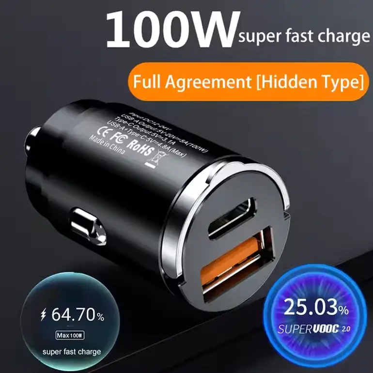 QC3.0 PD Car Charger 5A Fast Charing 2Port 12-24V Cigarette Socket Lighter 100W / 200W Car USBC Charger for iPhone Power Adapter