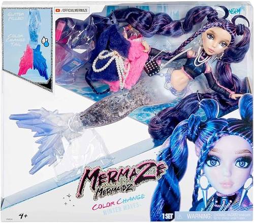 دمية حورية البحر MERMAZE MERMAIDZ™ Winter Waves Nera™ العصرية مع زعنفة متغيرة اللون وذيل مملوء باللمعان وإكسسوارات