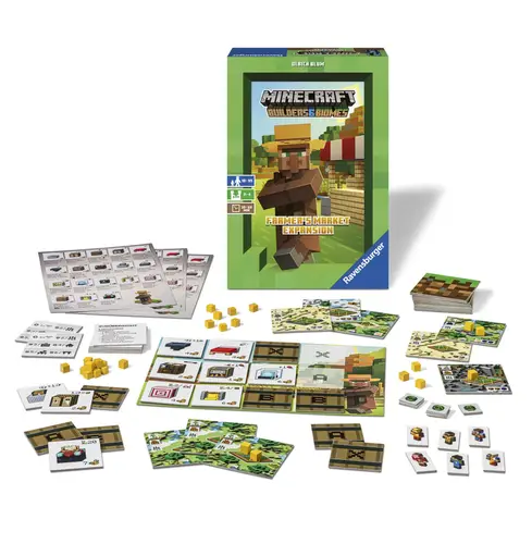 Get ready for a new tabletop Minecrast adventure with the Minecraft: Builders & Biomes Farmer’s Market Expansion! This adds a sixth possible action to players’ turns, allowing them to buy powerful items from the marketplace using vegetables grown with farmlands built by the player during a build action. For ages 10+