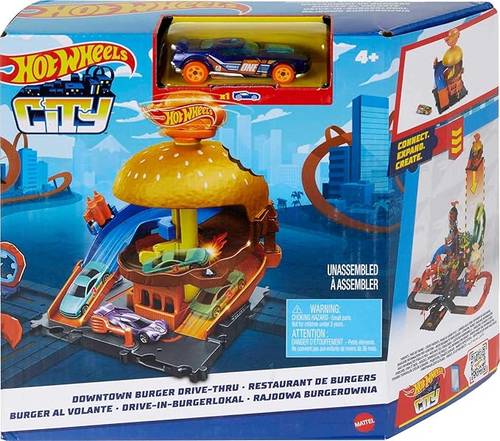 هوت ويلز Hot Wheels Toy Car Track Set, City Burger Drive-Thru Playset & 1:64 Scale Car, Connects to Other Sets & Tracks