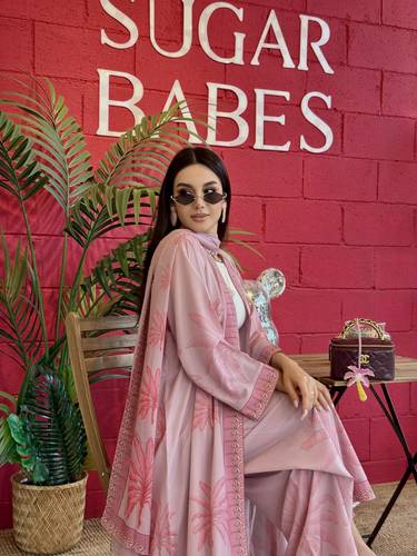 Palm Abaya with Trouser - Pink