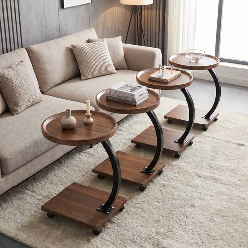 A set of 2 or 4 round C-shaped mobile side tables, two tiers, 30X40X60cm, with wheels, wooden top and metal frame - multi-colored.