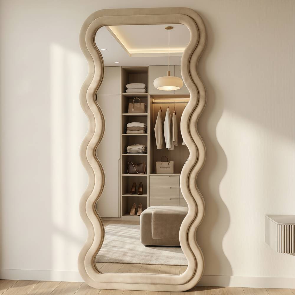 Large mirror with an elegant design - full-length mirror with a beige velvet frame - suitable for living rooms and dressing rooms - multiple sizes.  70x170 cm