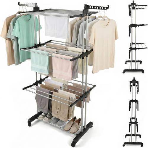 4-Tier Foldable Clothes Drying Rack, Stainless Steel Laundry Drying Rack with Wheels for Indoor and Outdoor Use, Silver/Black.