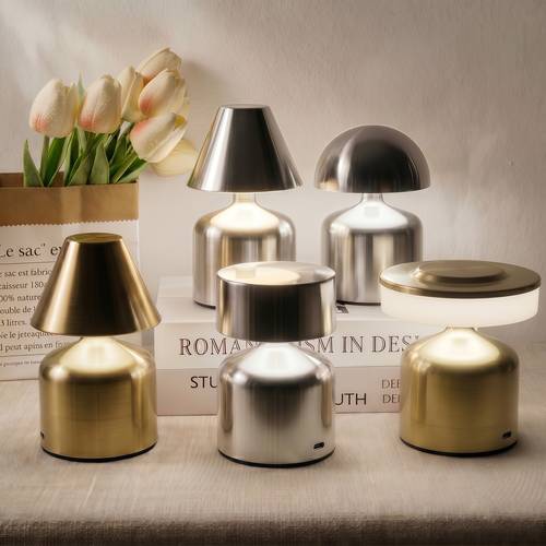 Rechargeable LED touch table lamp - metal, silver, 3 light colors, multi-shaped.