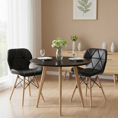Modern dining set, white/black | Round table 70x80 cm, with 2 leather chairs with sturdy wooden legs, multi-colored.