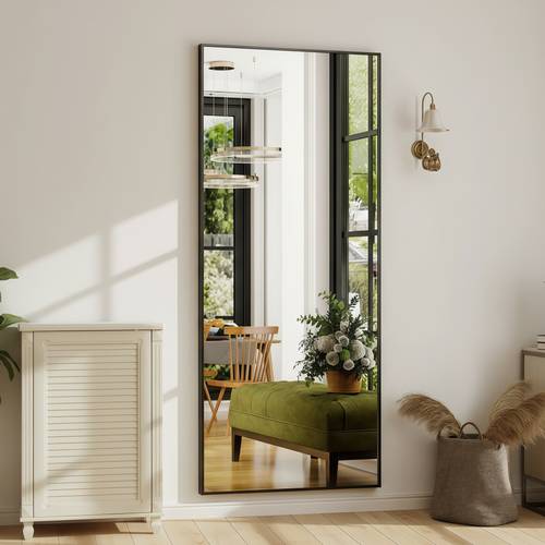 Full body mirror with black metal frame, wall mount and floor stand, 80X180 cm (shatterproof option available).