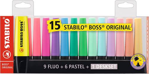 مجموعة أقلام هايلايتر BOSS من STABILO مكونة من 15 قطعة مع حامل أقلام للمكتب متعدد الألوان77