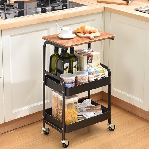 Mobile 3-tier side table with wooden top and metal frame - lockable wheeled table for living room and dining room - multi-purpose.