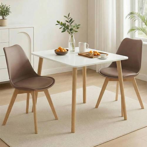 Multi-piece dining table set, white wooden table (72x80x80cm) with 2 upholstered chairs with wooden legs - multi-colored.