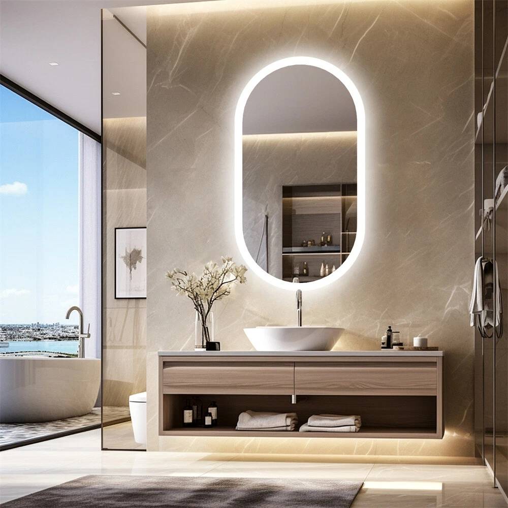 LED Oval Mirror with Touch Control 3 Lighting Levels Wall Mounted for Bathroom, Living Room, Bedroom, Vanity - Multiple Sizes  60x80 cm