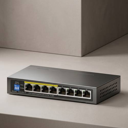 Cudy GS1008P 8-Port Switch, 60W, enhanced with VLAN and Watchdog smart technologies for connecting systems and cameras.