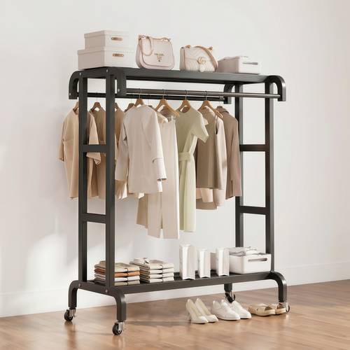 Double metal clothes rack with wheels and shoe shelves, clothes hanger organizer for bedroom clothes, black - 80x50x148cm.