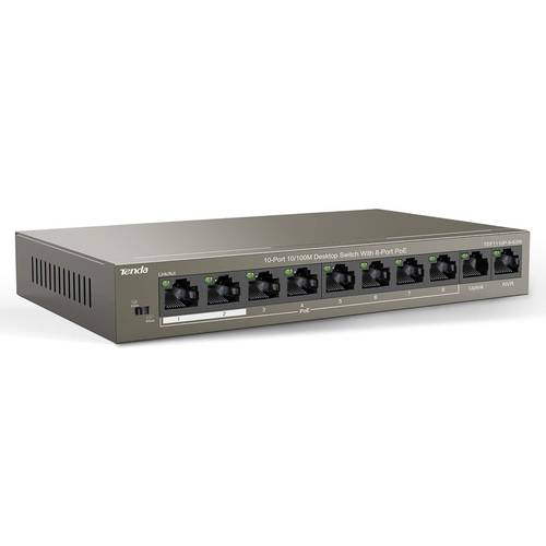 تيندا سويتش 10 منفذ PoE محول ايثرنت 10/100 ميجابت لكل ثانية (8 منافذ PoE و2 منفذ Uplink) - حتي 30 واط 4 منافذ و58 واط لجميع المنافذ PoE وQoS وحماية من البرق 6 كيلو فولت - بني