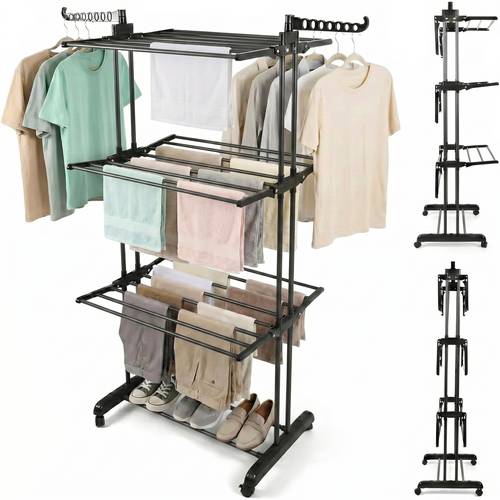 4-Tier Foldable Clothes Drying Rack, Stainless Steel Clothesline with Wheels for Indoor and Outdoor Use, Black.