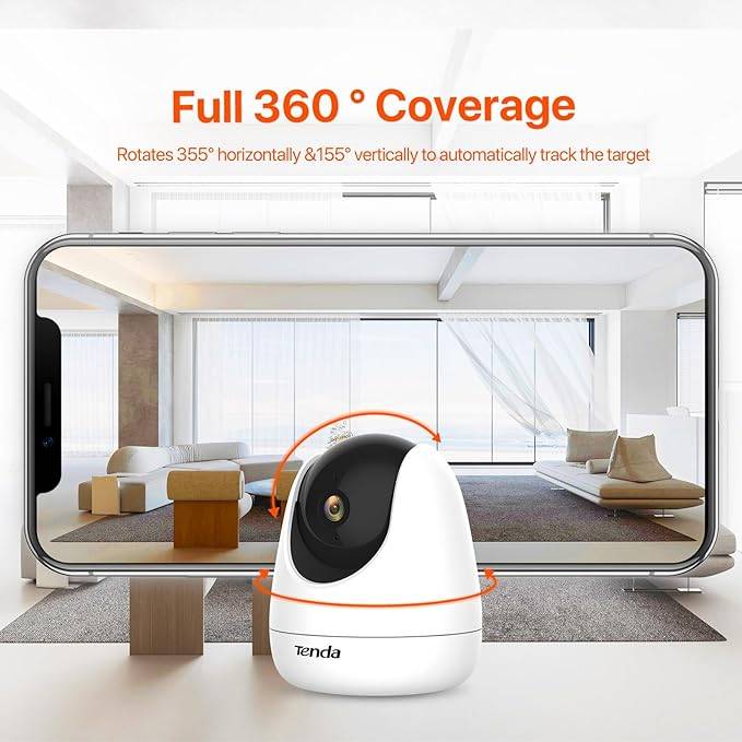 Tenda Indoor Security Camera, 1080P Wireless Home 360° Panoramic Security Camera, Night Vision, Two-Way Audio, Human and Motion Detection, Built-in Siren, Smart Tracking, SD and Cloud Storage (CP3), White