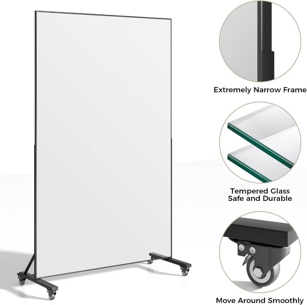 Full Length Rectangular Mirror, Floor Standing Mirror with Wheels for Living Room and Bedroom with Black Frame - Multi-Size.  اسود - 120x170 سم