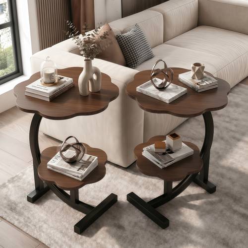 A set of 2 or 4 two-tier C-shaped side tables, with a petal-shaped wooden top and metal frame - multi-colored.