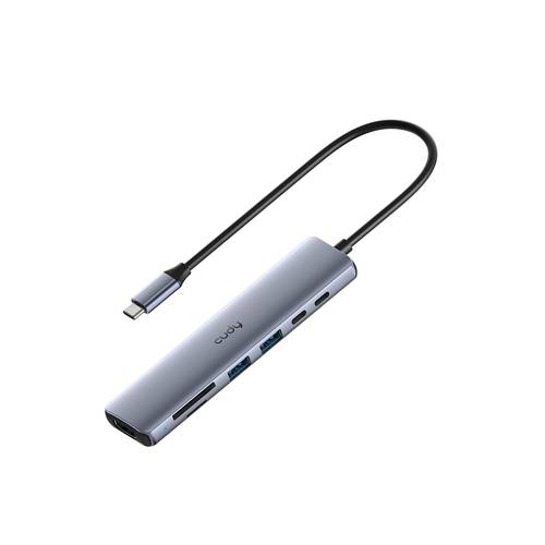 Cudy UH407 7-in-1 Integrated USB-C Hub with HDMI 4K, PD 100W, USB 3.2, and Card Reader, Aluminum Hub for MacBook and Laptop.