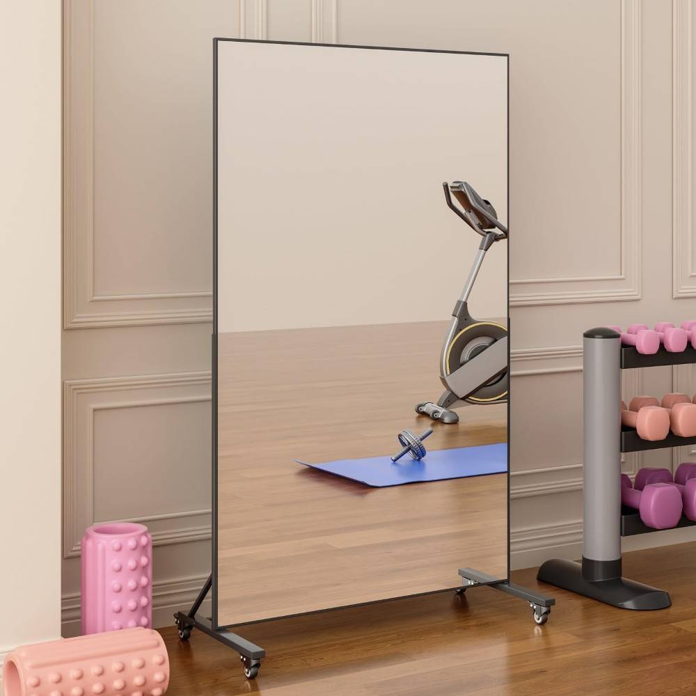 Full Length Rectangular Mirror, Floor Standing Mirror with Wheels for Living Room and Bedroom with Black Frame - Multi-Size.  اسود - 120x170 سم