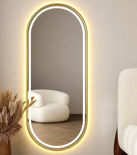Oval LED Mirror with Front Light and Gold Aluminum Frame Touch Control 3 Lighting Levels Wall Mounted for Bathroom, Living Room, Bedroom, Vanity - Multiple Sizes