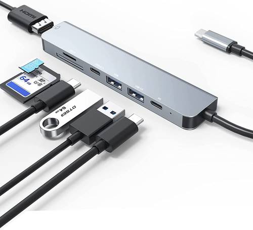 محول متعدد المنافذ 7 في 1 USB C مع 4K HDMI ، USB 3.0 ، 2 USB-A ، بيانات USB-C ، 100W PD ، قارئ بطاقات SD / TF ، محور USB C
