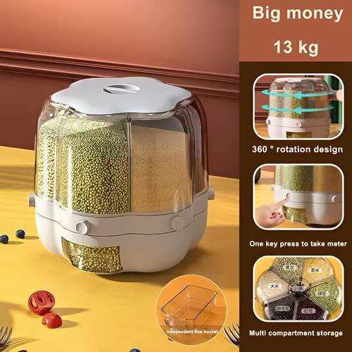 360 Degree Rotating Cereal Dispenser Organizer with 6 Compartments and Moisture-Proof Lid Rotating Cereal Storage for Kitchen - Multi-Size