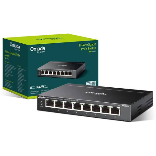 The ES208GP is a 64W, cloud-managed 8-port PoE+ Gigabit switch from Afaq Computer, managed via the Omada app.