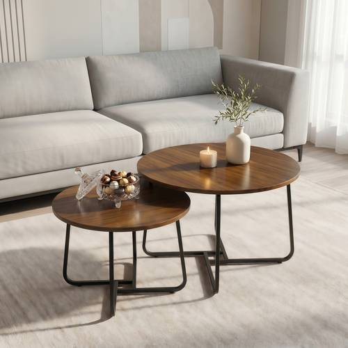Set of two nesting coffee tables with wooden tops and metal frames for living and office use, sizes 70x46 and 50x40cm - multi-colored.