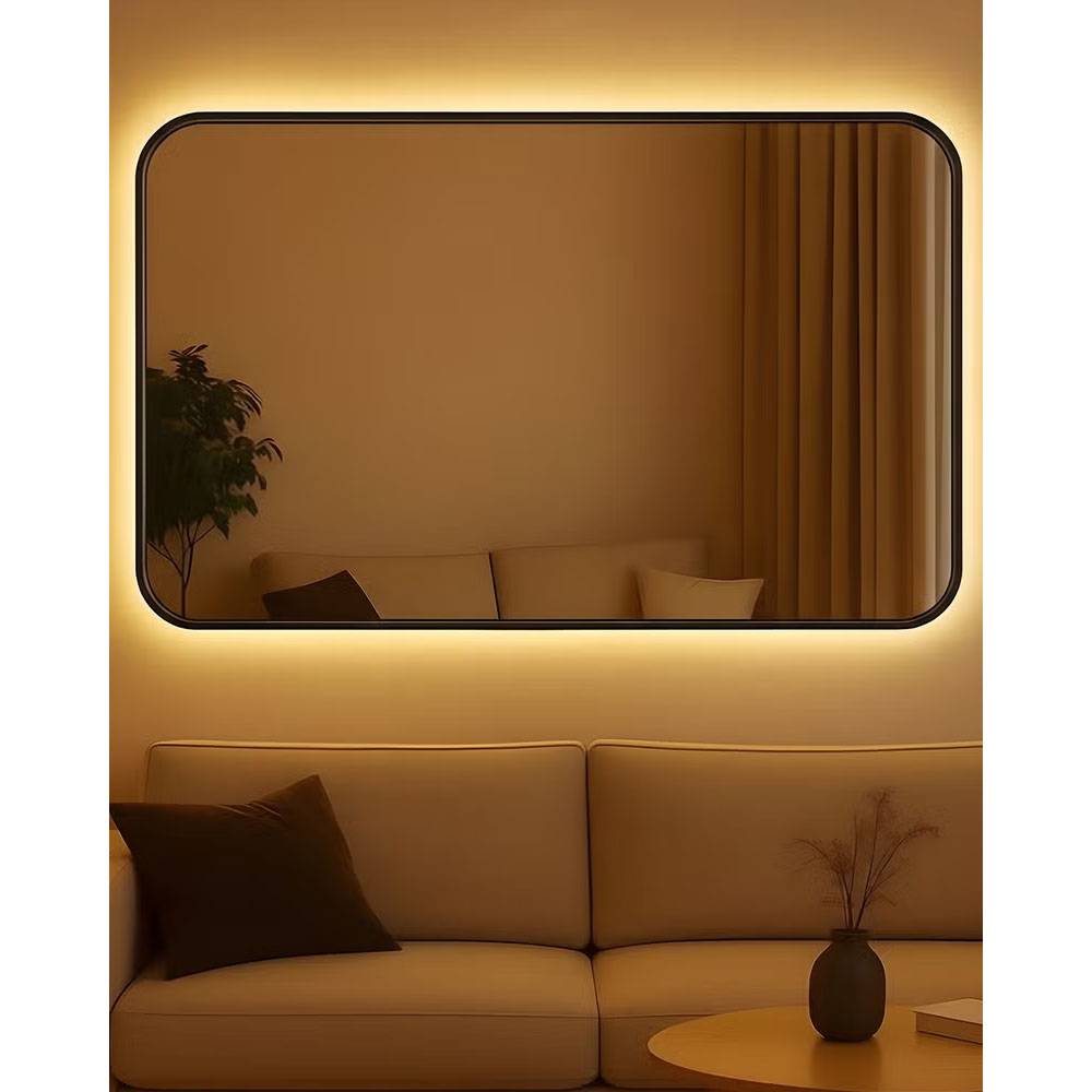 Rectangular Backlit Bathroom Mirror with Vertical and Horizontal Black Frame - Touch Switch and Adjustable Color Lighting for Bathroom or Dressing Areas - Multiple Sizes.  70x90 cm