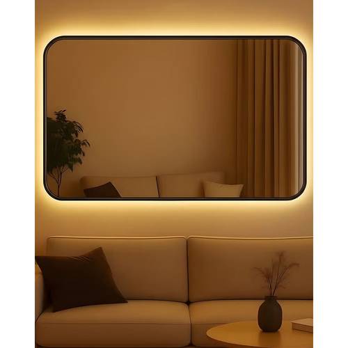 Rectangular Backlit Bathroom Mirror with Vertical and Horizontal Black Frame - Touch Switch and Adjustable Color Lighting for Bathroom or Dressing Areas - Multiple Sizes.