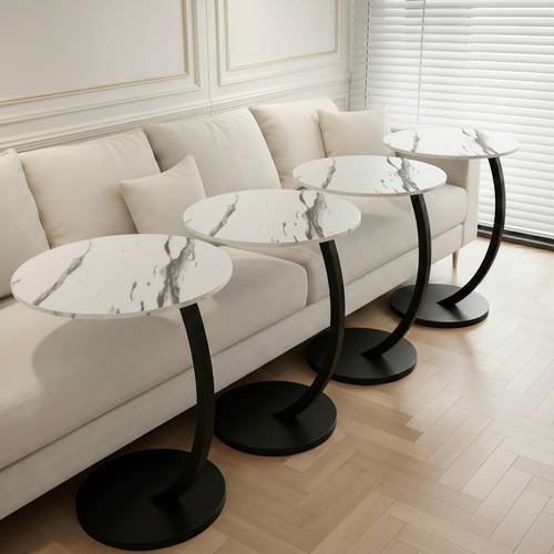 A set of 2 & 4 multi-colored C-shaped tables, a round wooden table with a metal frame, a bedside table and sofa table 40X60cm.
