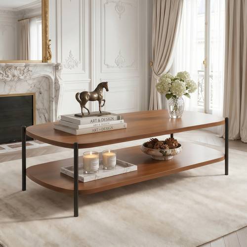Wooden coffee table 51x60x120cm, two-tiered with metal legs, central table for living room and office - multi-colored.