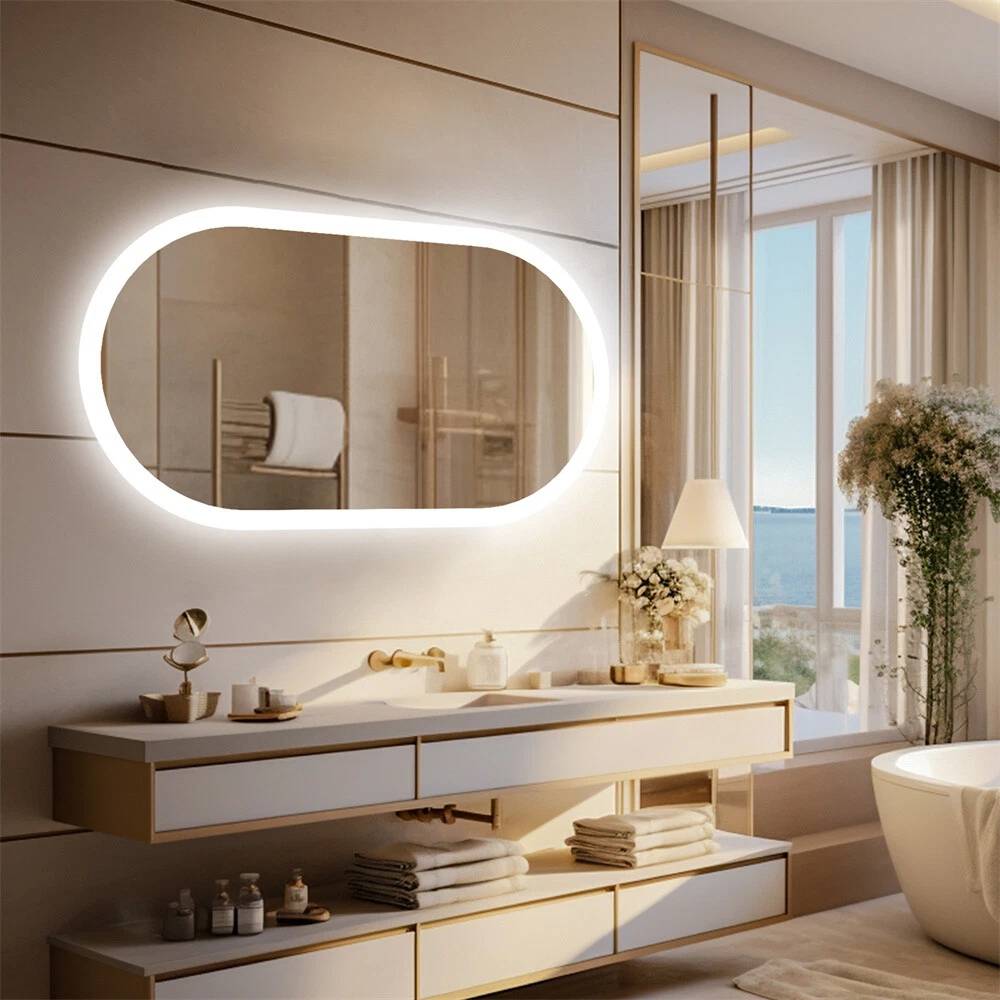 LED Oval Mirror with Touch Control 3 Lighting Levels Wall Mounted for Bathroom, Living Room, Bedroom, Vanity - Multiple Sizes  60x80 cm