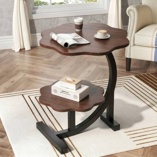 Two-tier C-shaped petal side table with wooden top and metal frame, sofa and living room side table - multi-colored.