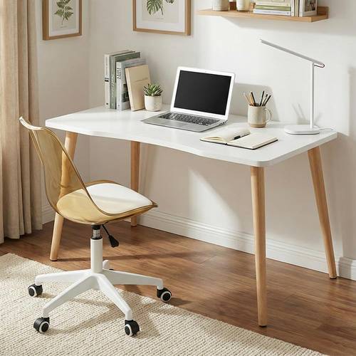 Modern design desk and chair set | Multi-size curved edge desk, with a transparent acrylic padded 360° swivel chair - White/Brown.