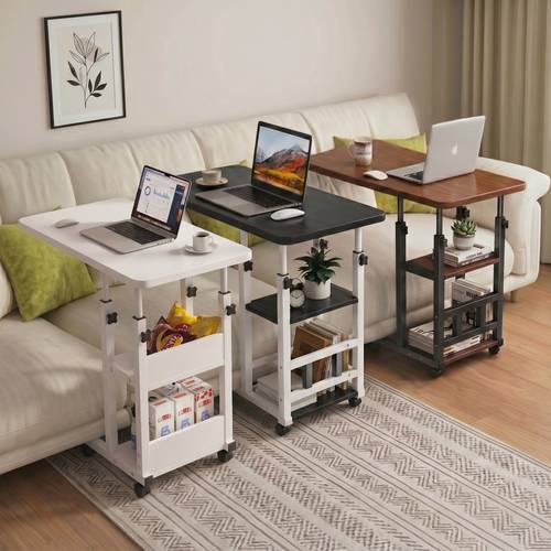 Adjustable side table with wheels and storage shelves, for reading, breakfast, and laptops. 80x40 cm - Multicolor.