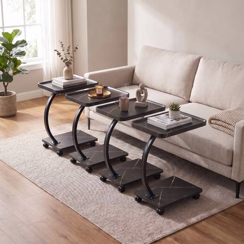 A set of 2 or 4 mobile side tables, two-tier C-shaped, measuring 30X40X60cm, equipped with wheels, with a wooden surface and metal frame - multi-colored.