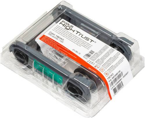 Carbon ink ribbons designed for plastic card printers such as color ID cards, YMCKO type ribbons (five-color with protective layer), manufactured by Evolis&Heide.