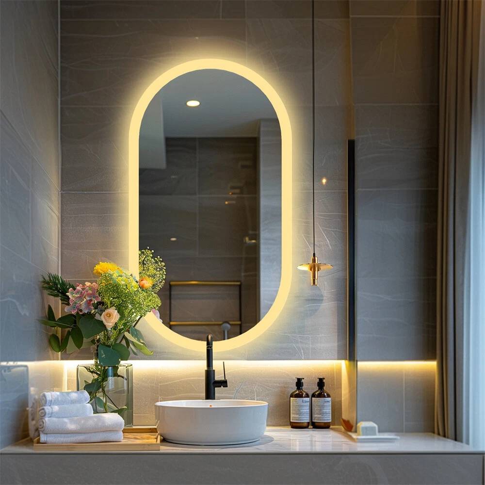 LED Oval Mirror with Touch Control 3 Lighting Levels Wall Mounted for Bathroom, Living Room, Bedroom, Vanity - Multiple Sizes  60x80 cm