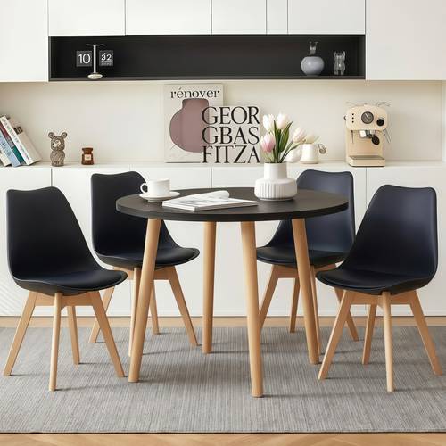A multi-colored dining table set, a round wooden table measuring 80 cm, with several soft padded chairs with wooden legs and an elegant design.