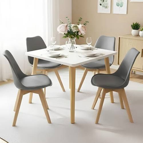 Dining table set consisting of several pieces | White wooden table 72x80x80cm with 4 soft padded chairs in various colors with wooden legs.